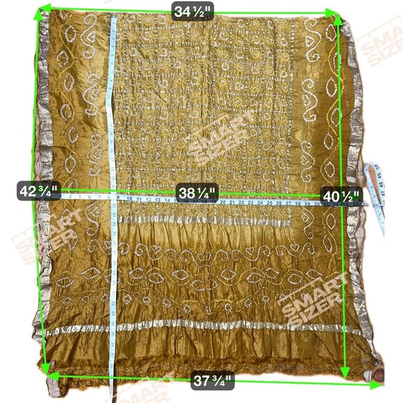 VTG Silk Bandhani Dupatta Shawl Gold Crinkle Wrap Zari Border India Artisan Boho - Picture 10 of 10